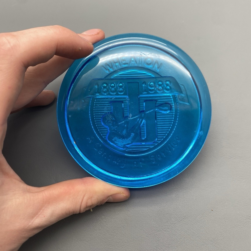 Wheaton Blue Glass Paperweight 100th Anniversary 1888-1988 A Century Of Service
